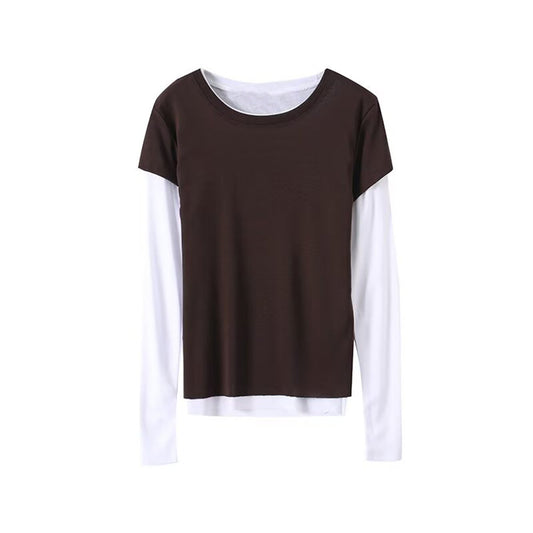 Women's new fashion splicing fake two-piece style long sleeved T-shirt