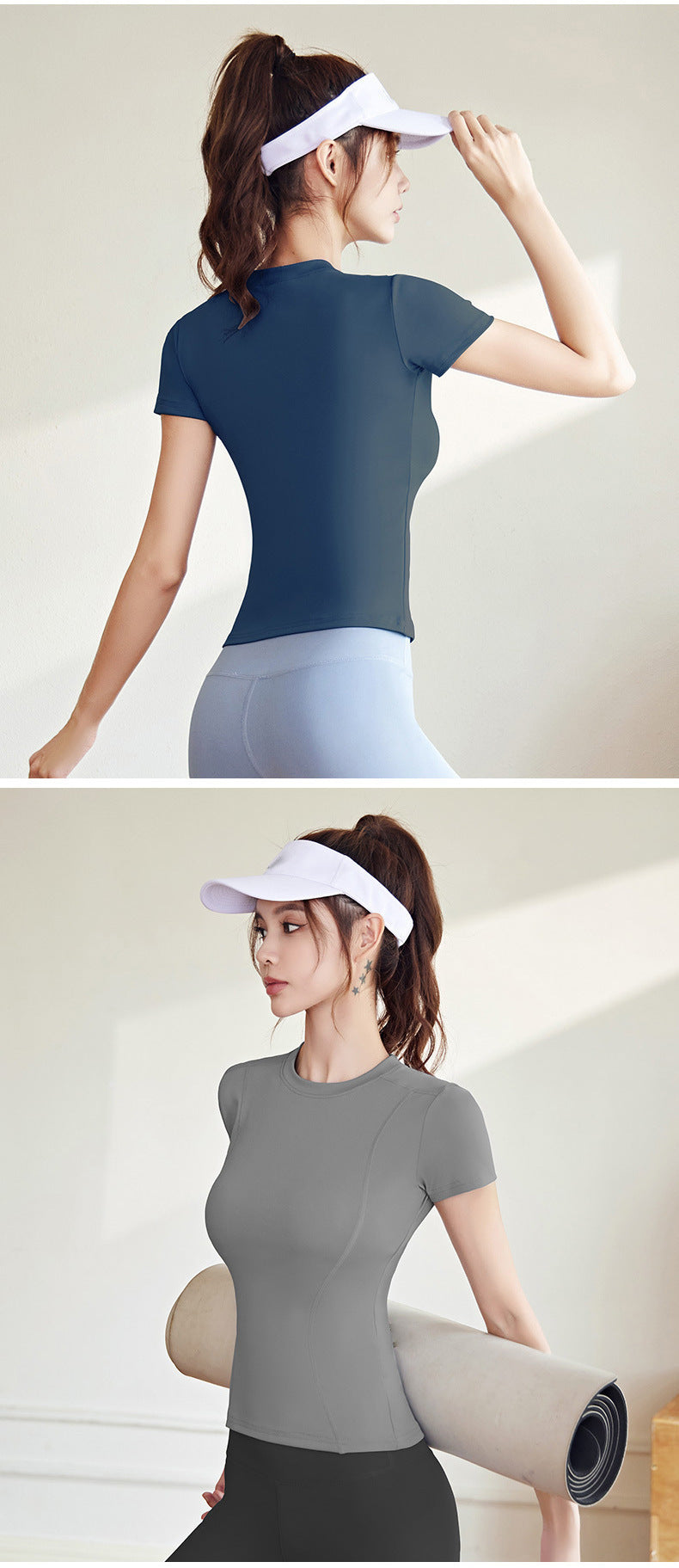 חולצת טי-שירט עם שרוולים קצרים, ריצה וצמודה, לדחוף את הצווארון של LU לנשים 