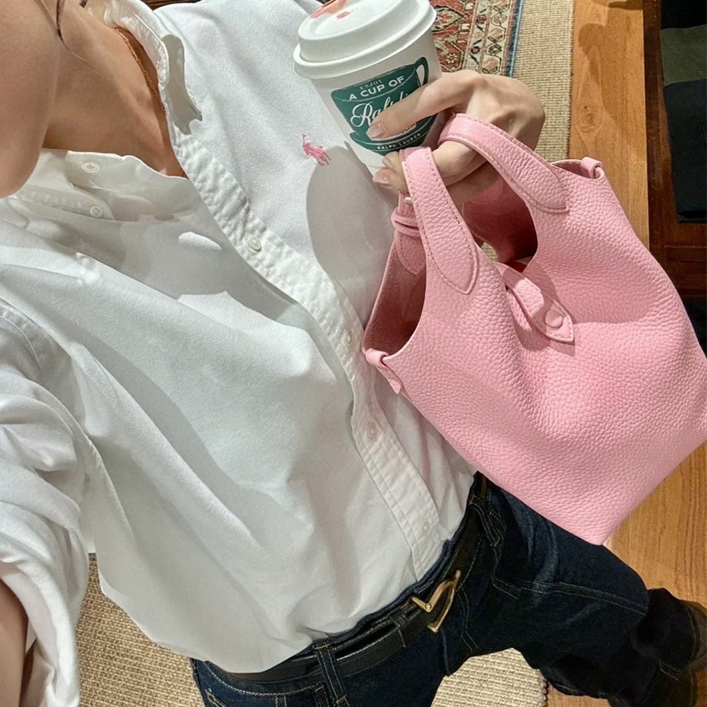 Women's new Joker cowhide embroidery basket bucket bag portable mini bag