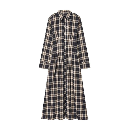 Women's casual shirt style pleated checkered MIDI dress