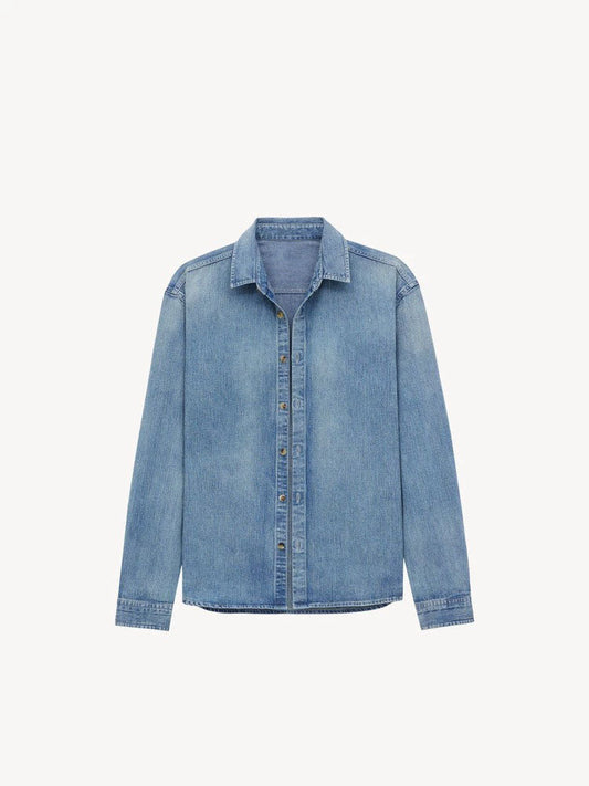 Men and women with the same new casual Joker linen slub sand washed denim long sleeve chic shirt.