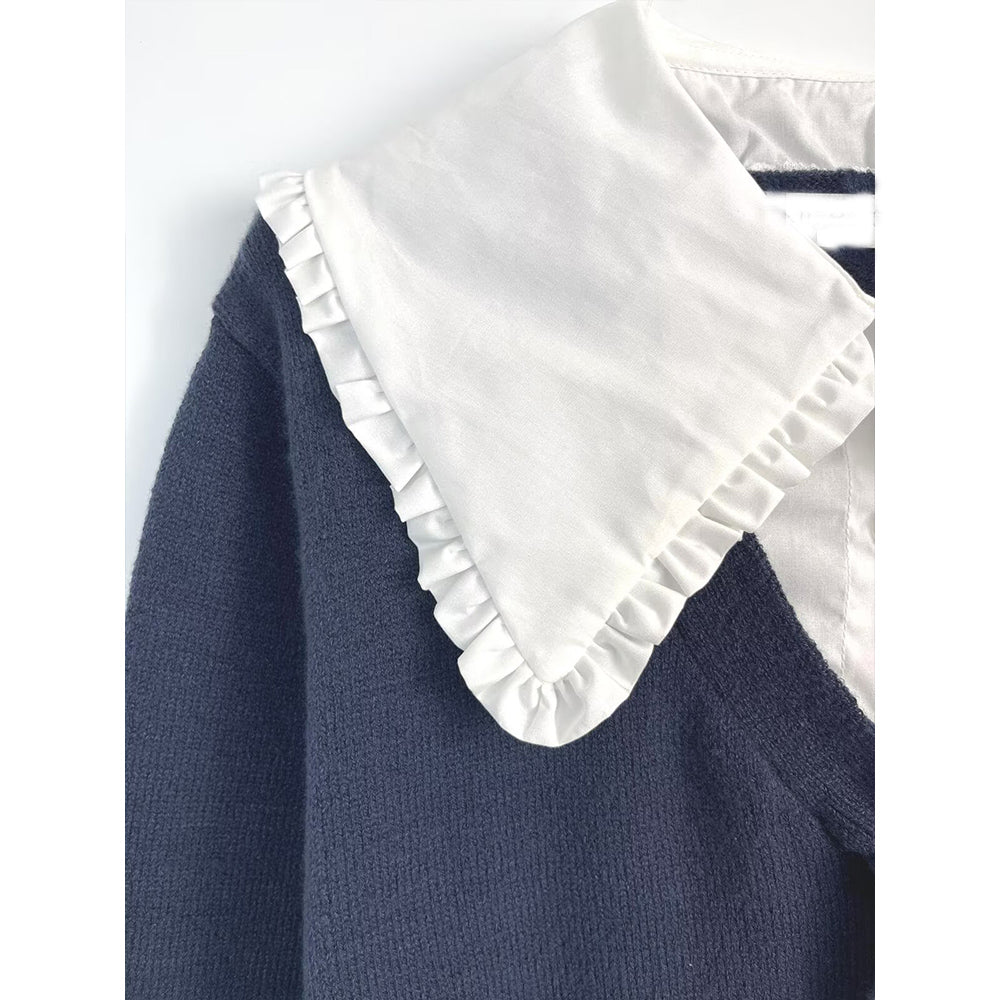 סוודר סריג קצר עם צווארון טלאים מנוגד לנשים