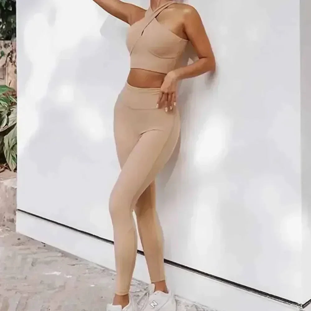 Women's New Chic Fashion Gathered Shockproof Beauty Vest Sports Bra Fitness Pants Yoga Suit