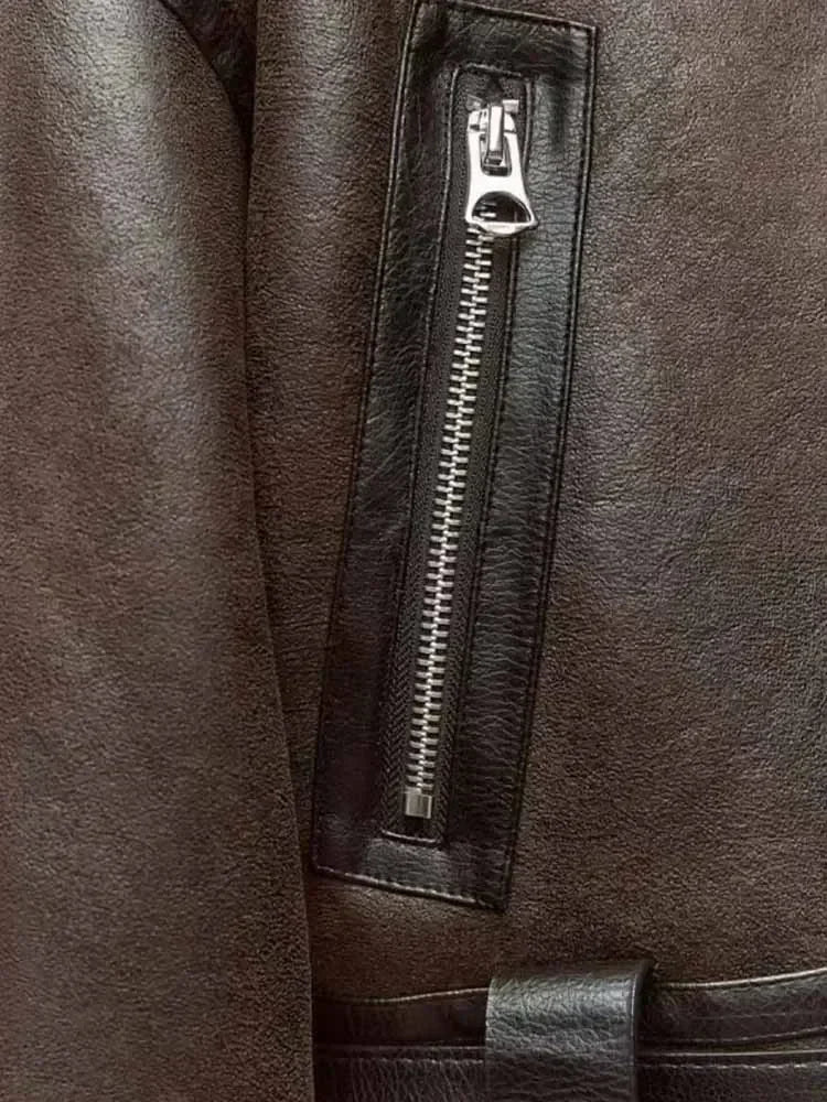 Women's new fashion Loose casual hort double-sided Fur Faux Leather jacket coat retro long sleeved zipper women's coat