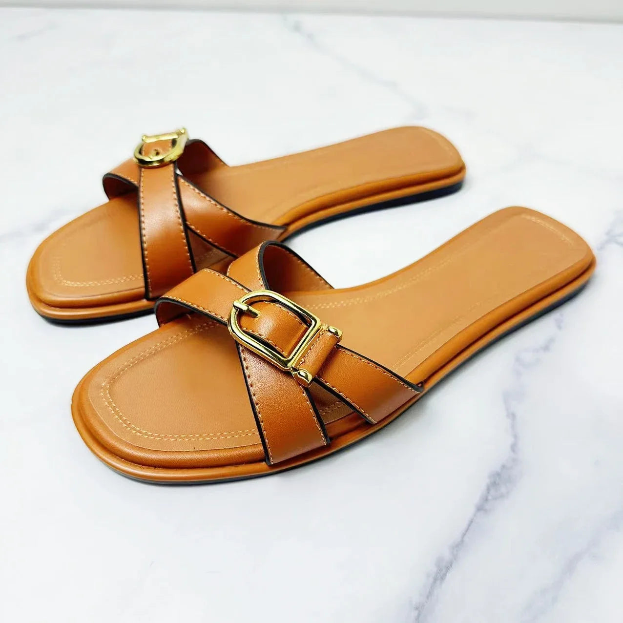 New 2024 Fashion Women's Flat Slippers Square Head Joker Cross Belt Travel Leisure Slippers Women