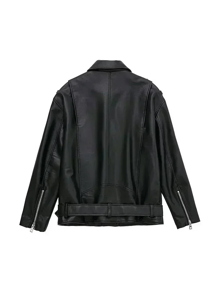 Women 2025 Autumn New Fashion Imitation Leather Loose Jacket Coat Vintage Long Sleeve Zipper Female Outerwear Chic Tops