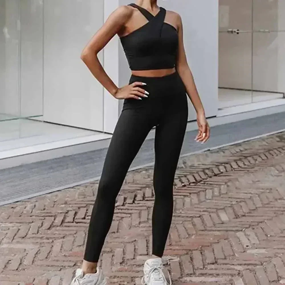 Women's New Chic Fashion Gathered Shockproof Beauty Vest Sports Bra Fitness Pants Yoga Suit