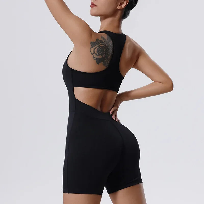 Women's New Zipper Shorts Jumpsuit Women's Dance Fitness Jumpsuit Tight Yoga Suit With Chest Pad.