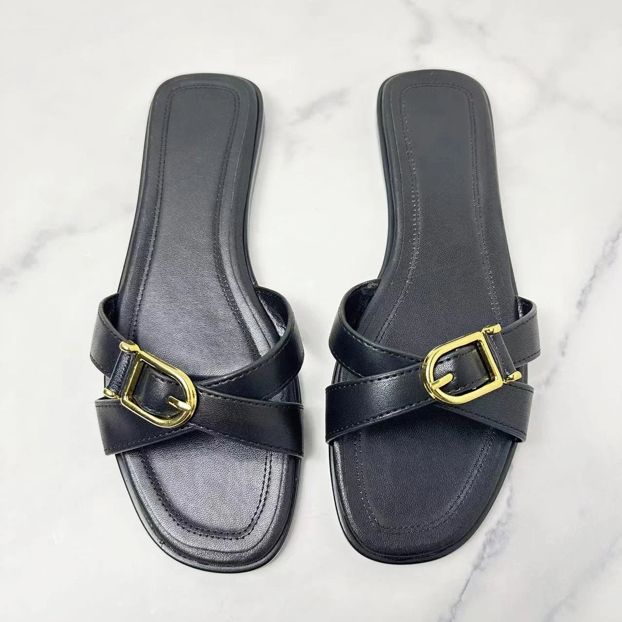 New 2024 Fashion Women's Flat Slippers Square Head Joker Cross Belt Travel Leisure Slippers Women