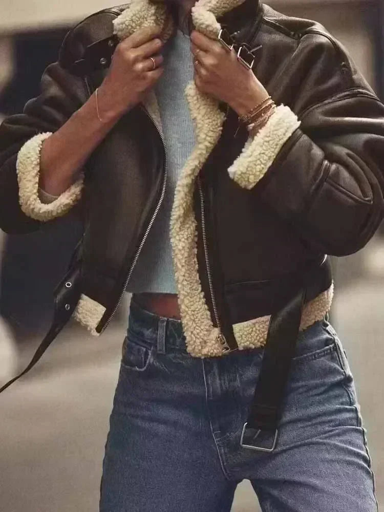 Women's new fashion Loose casual hort double-sided Fur Faux Leather jacket coat retro long sleeved zipper women's coat