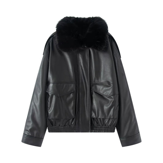 Women's black detachable faux Leather fur collar jacket Coat