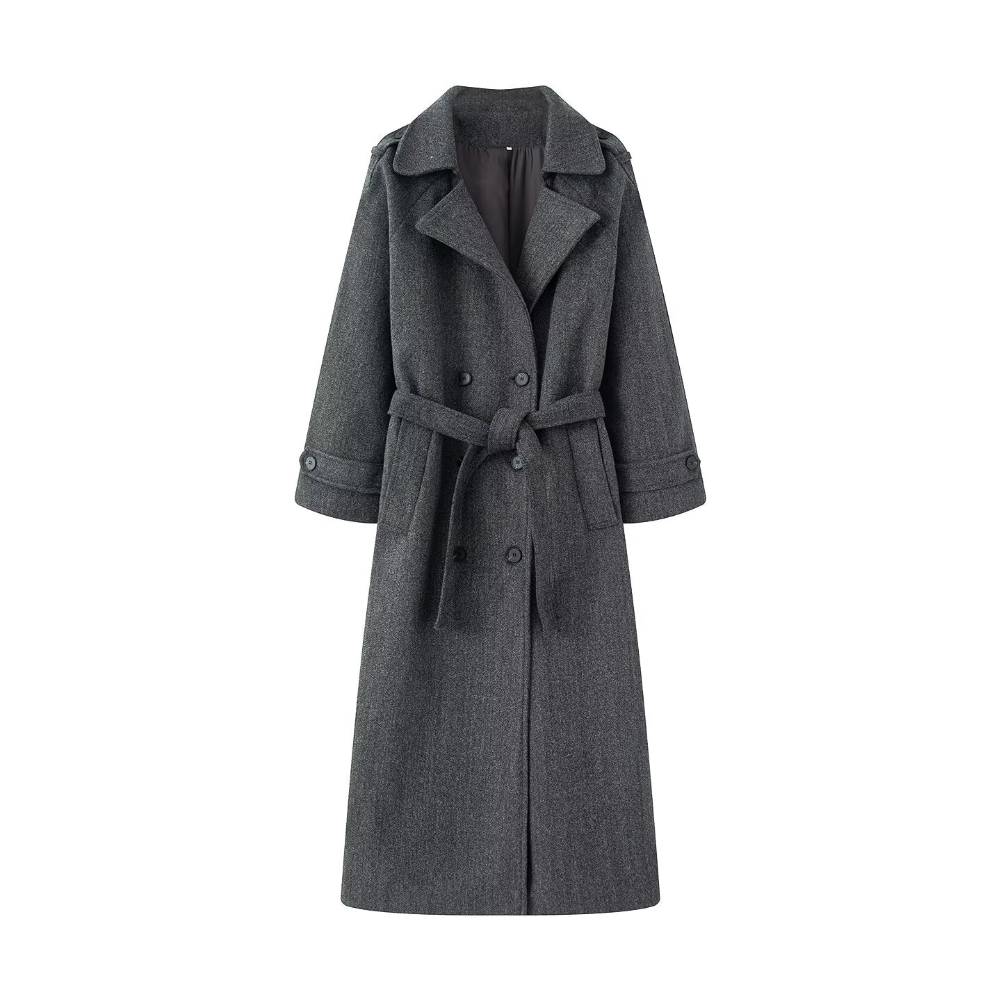 Women's with Belt long style double breasted woolen coat