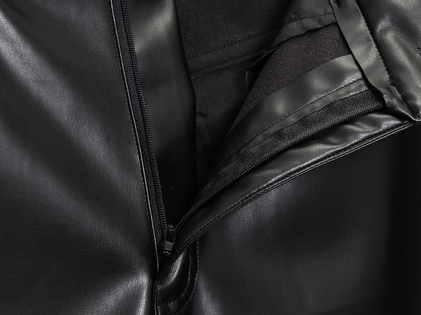 Women's new fashion black stand collar Faux Leather jacket Coat+Pants suit