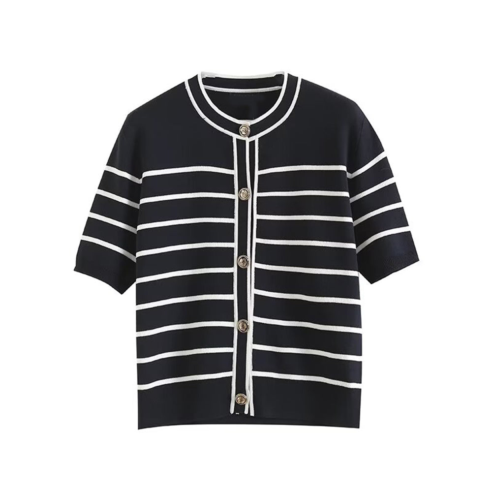 קרדיגן פסים קצר בעיצוב כפתורים לנשים בסגנון סתיו