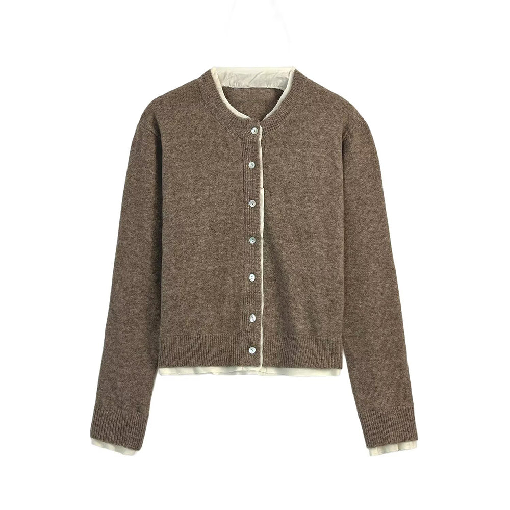 קרדיגן סרוג עם צווארון O ושרוולים ארוכים וניגודיות לנשים