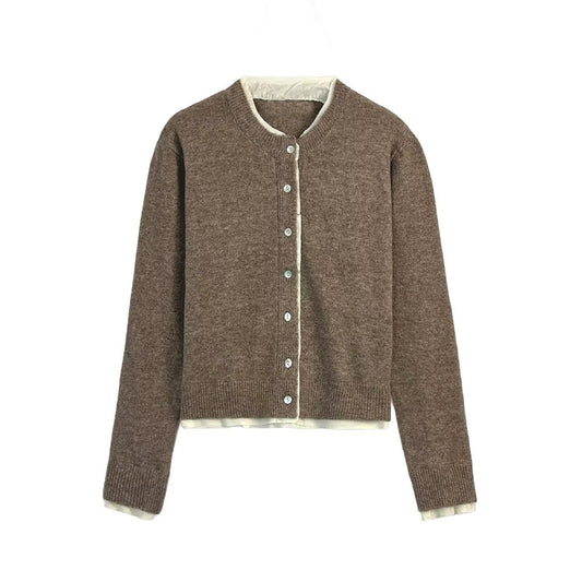 קרדיגן סרוג עם צווארון O ושרוולים ארוכים וניגודיות לנשים