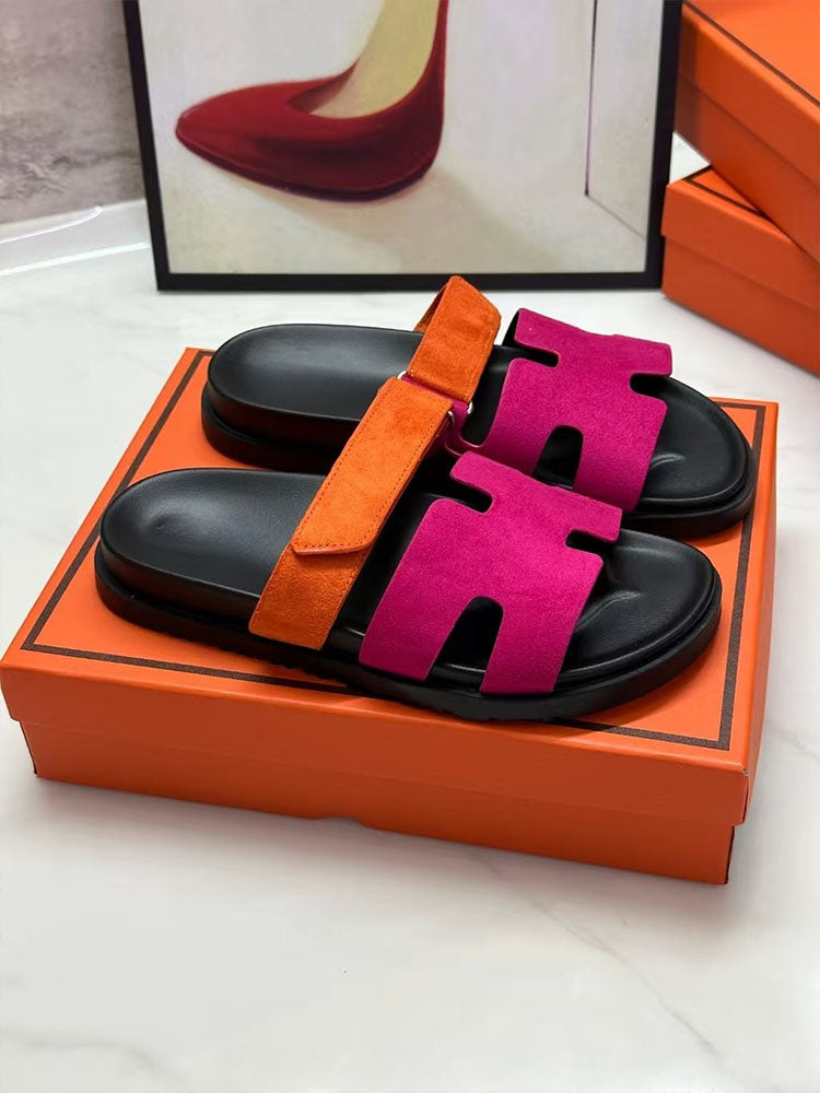Women's new fashion Joker multicolor hook and loop design thick soled sandals have a shoe box.