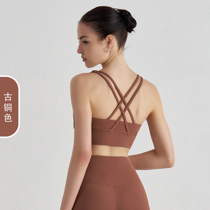 Women's new double-sided sanding cross back sports bra shockproof gathered yoga bra fitness vest