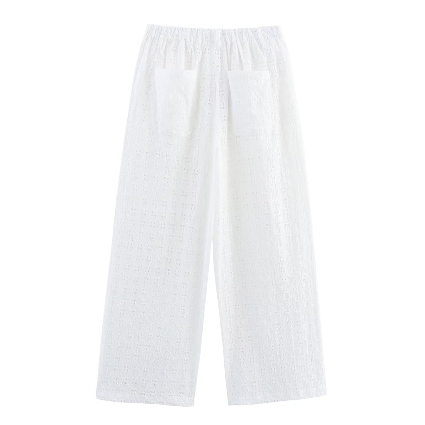 Women's new fashion short sleeved V-neck hollowed out embroidered shirt+Pants suit