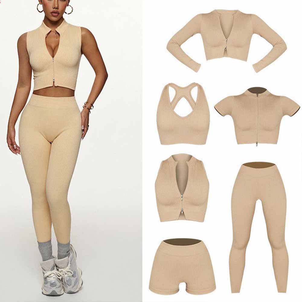 Women's New Fashion Joker Sports Bra Yoga Pants Long-sleeved Jacket Short-sleeved Tight Training Vest Six-piece Yoga Clothes.