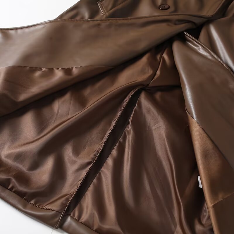 Women's new fashion with Belt long style double breasted faux leather Windbreaker Coat