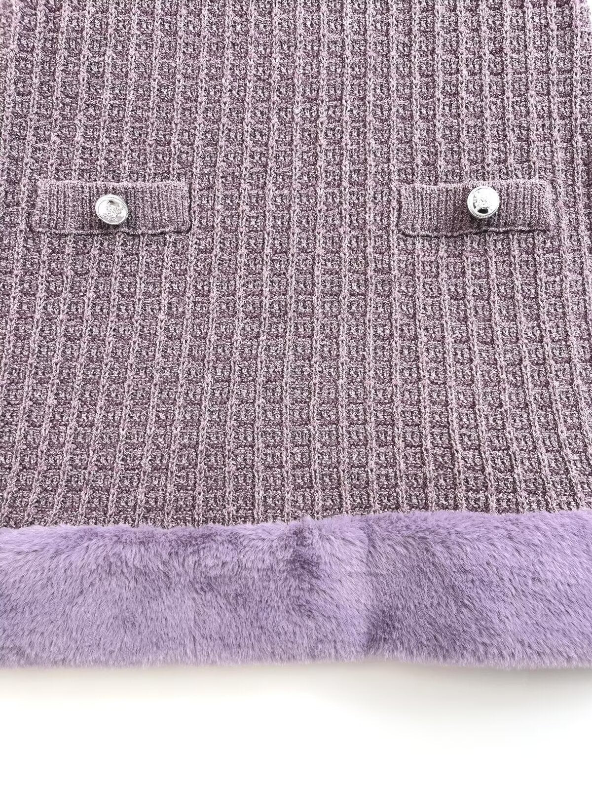 שמלת מיני סרוגה עם שרוולים קצרים ואופנתית לנשים בגימור דמוי פרווה