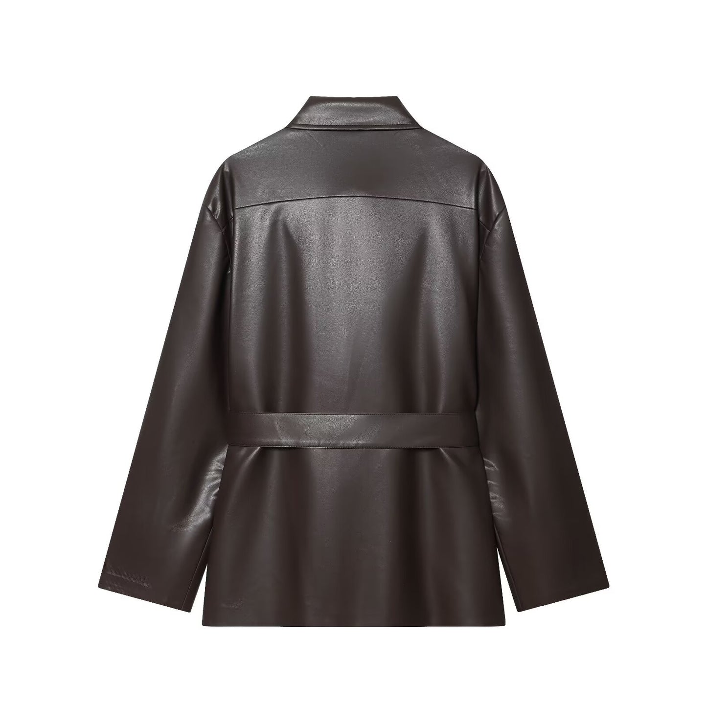 Women's with Belt shirt style faux leather Coat