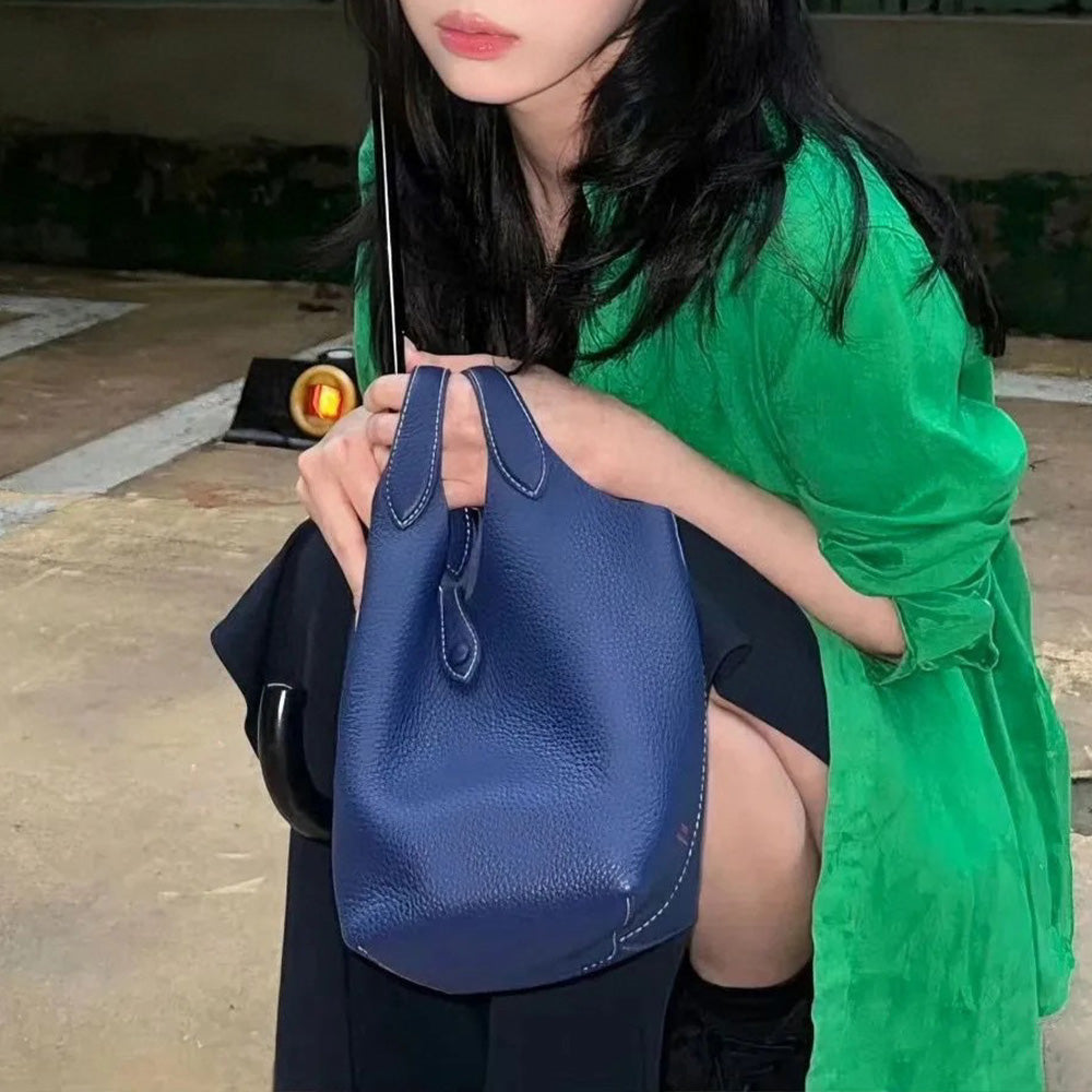 Women's new Joker cowhide embroidery basket bucket bag portable mini bag