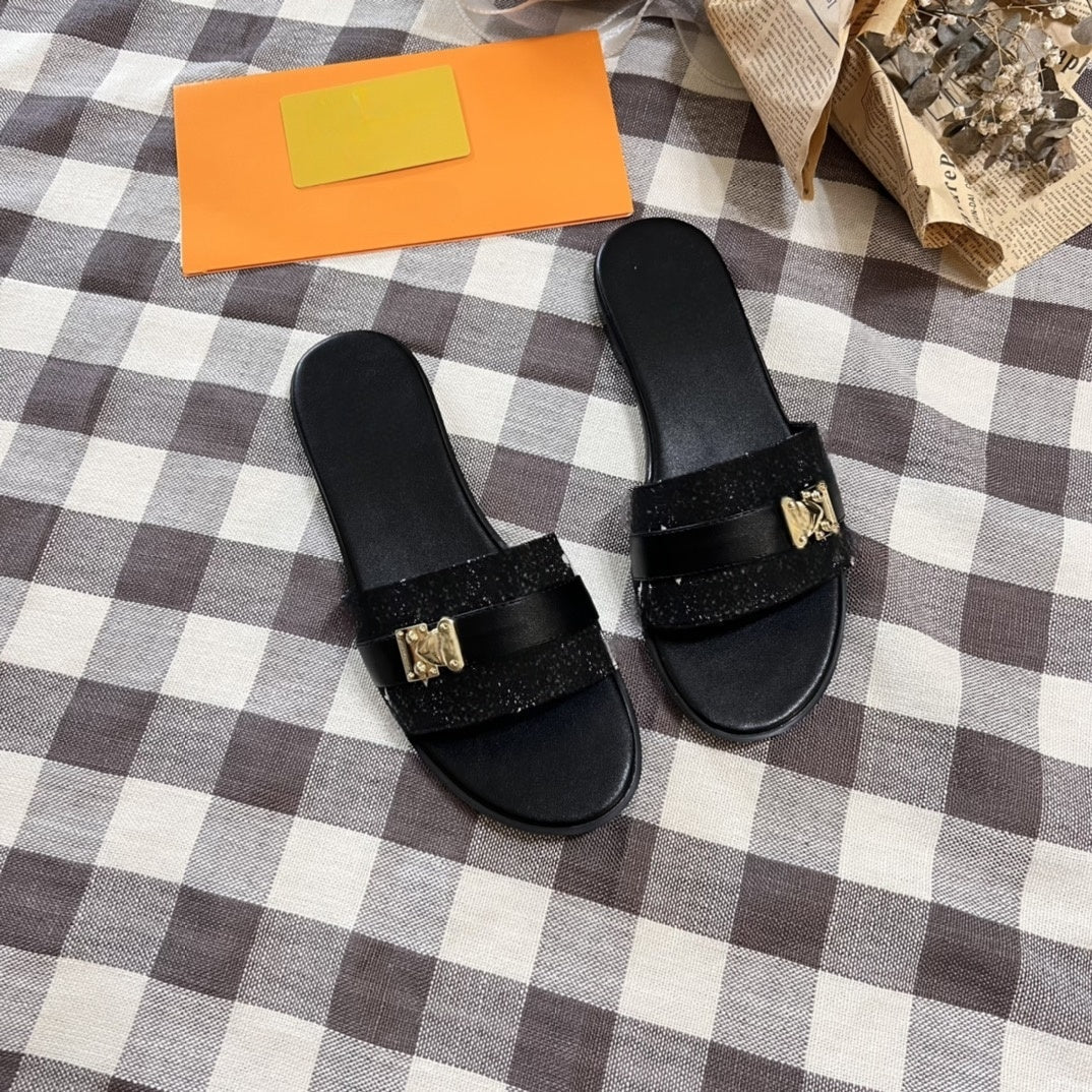 2025 Women's New Fashion Joker Metal Accessories Thin Bottom Flat Slippers With box