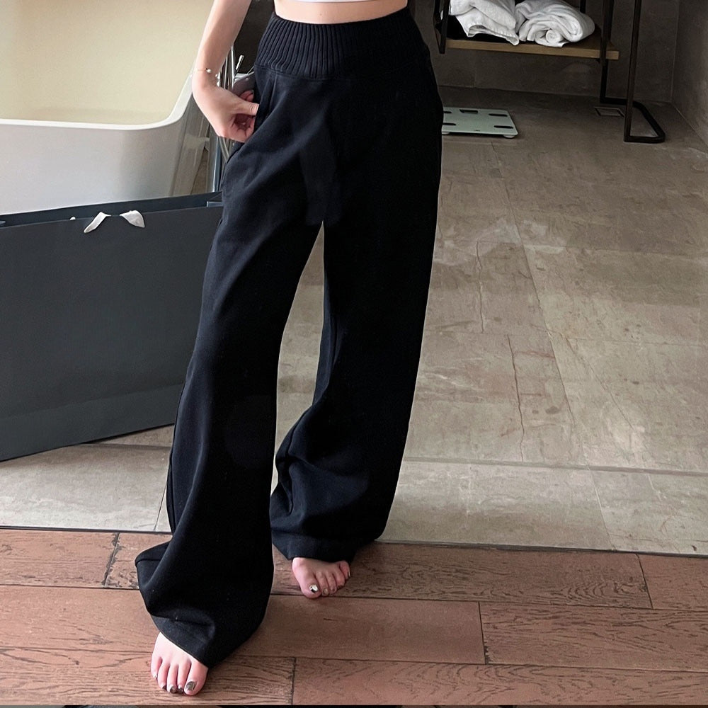 New women's versatile patchwork fleece-lined wide-leg pants