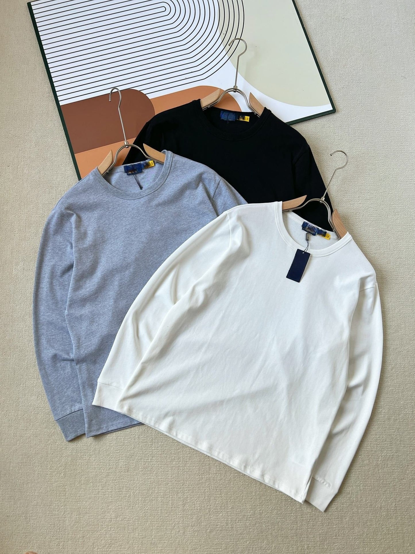 Men's new casual Joker embroidered solid color O-neck bottoming shirt long sleeve T-shirt