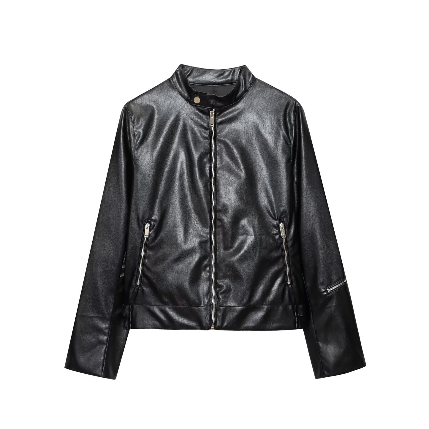 Women's new fashion black stand collar Faux Leather jacket Coat+Pants suit