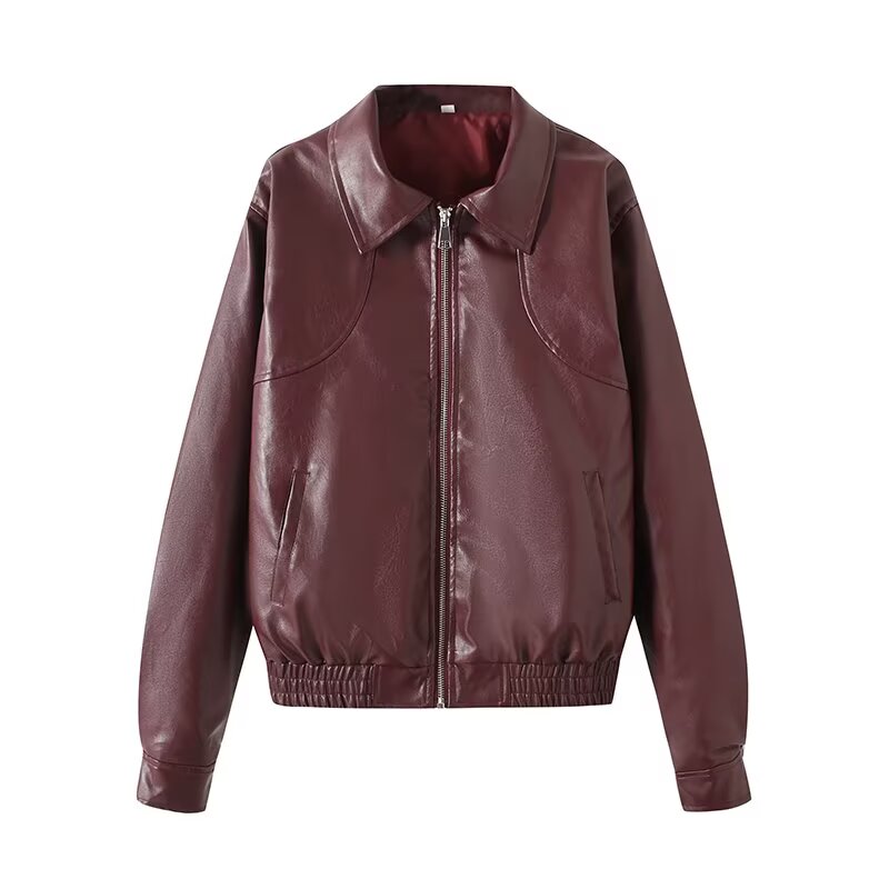 Women's new fashion loose Lapel zipper Faux Leather jacket Coat