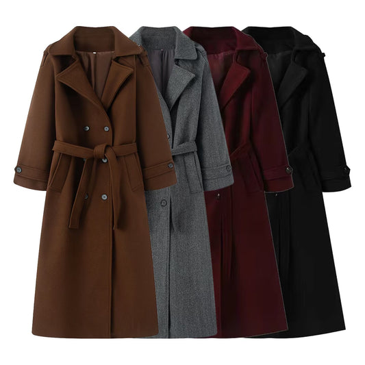 Women's with Belt long style double breasted woolen coat