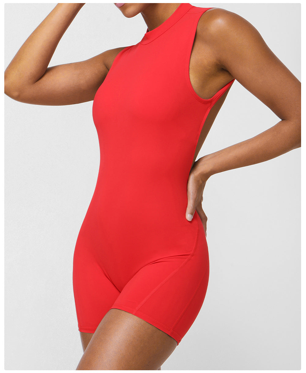 Women's New Fashion Big Backless Tight Sleeveless Yoga Jumpsuit Hip Wrinkle One-piece Indoor Training Fitness Clothes.