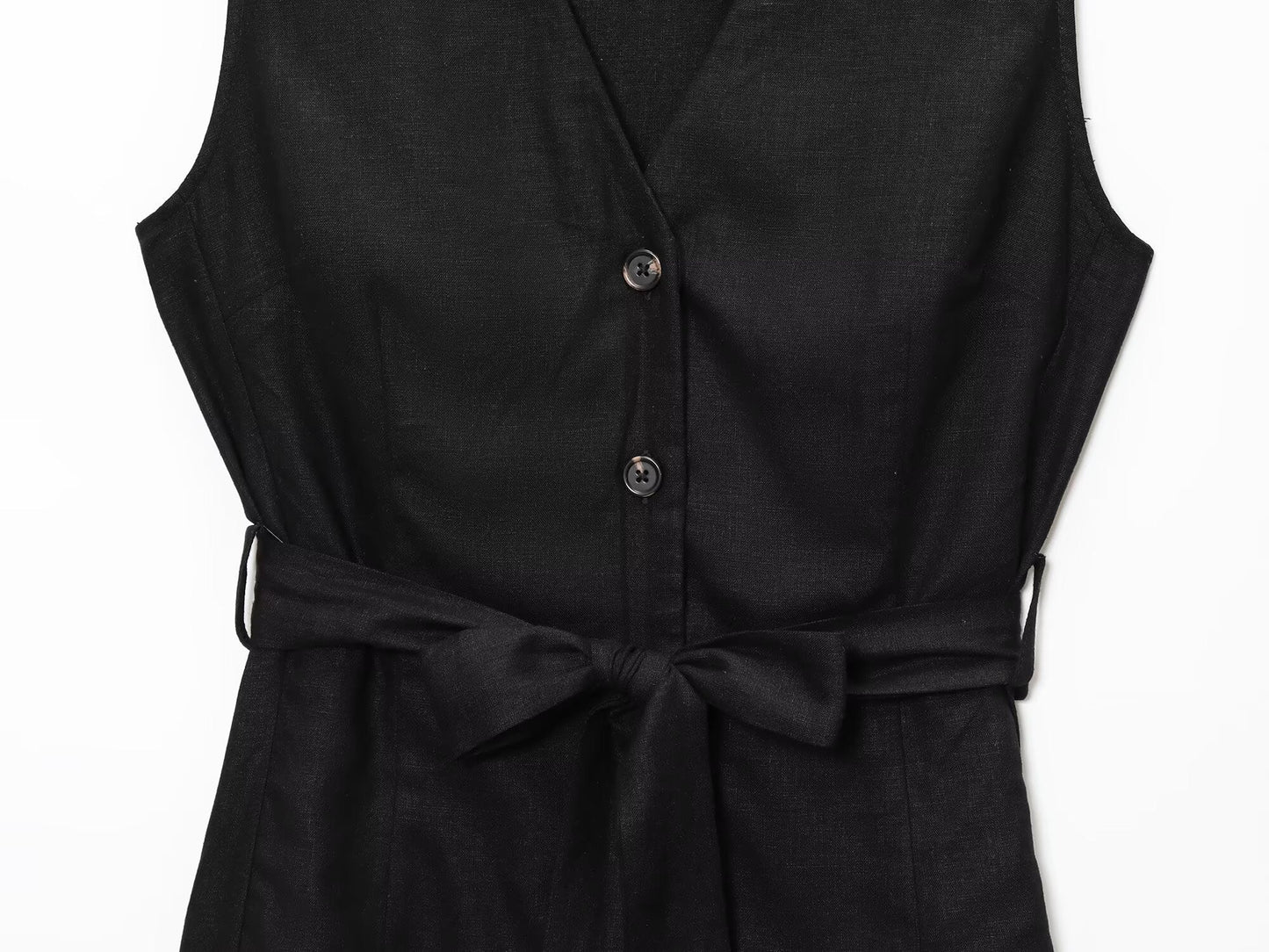 Women's New Fashion With Belt Sleeveless V-neck Linen Blended Midi Dress