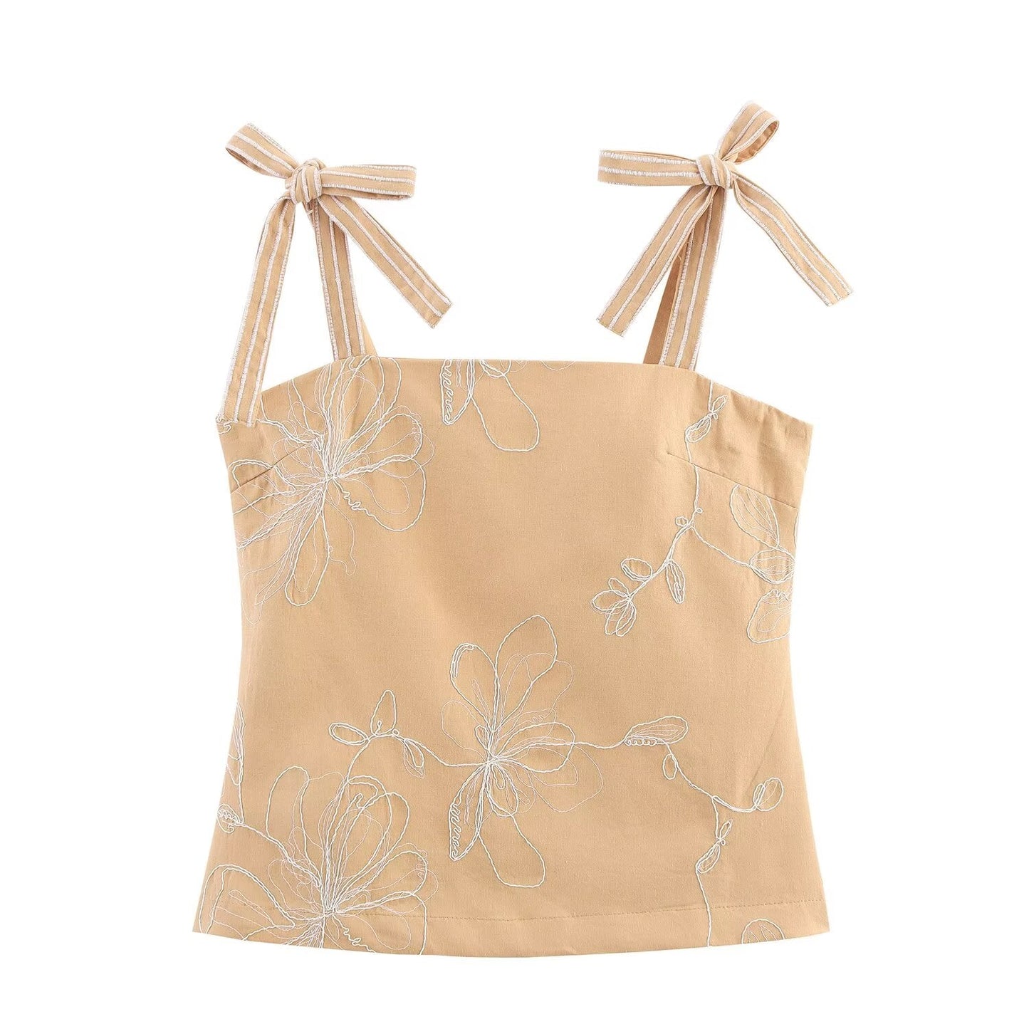 Women's new fashion floral embroidery bow suspender top+Pants suit