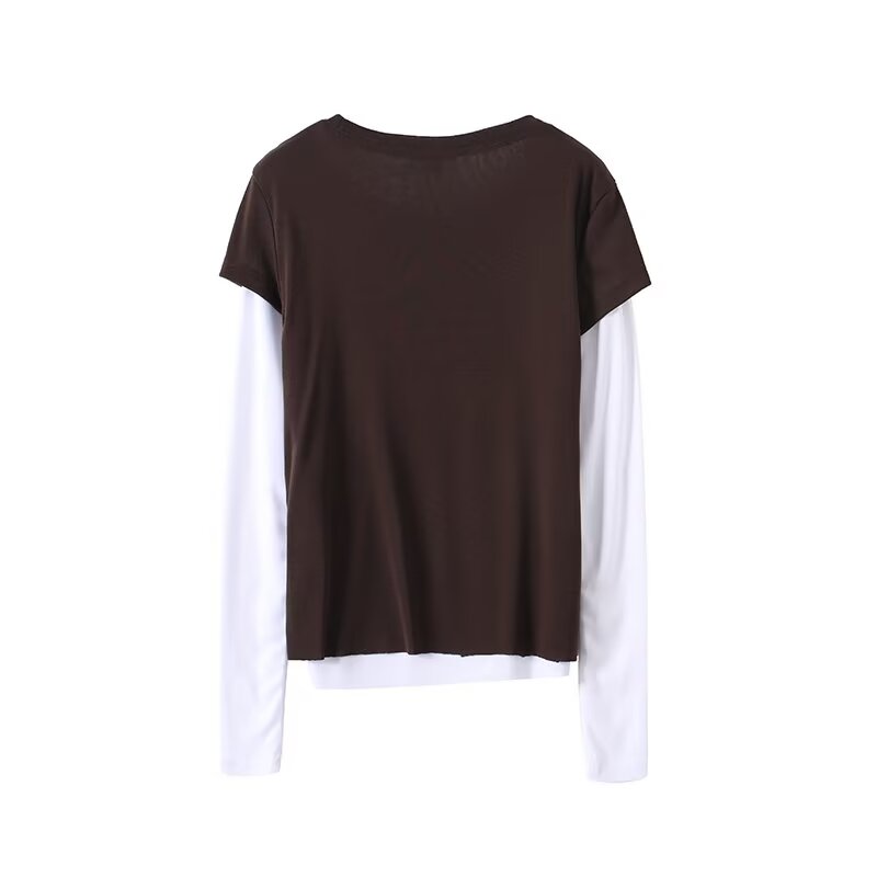 Women's new fashion splicing fake two-piece style long sleeved T-shirt