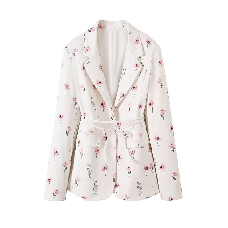 Women's new fashion with Belt loose print Button-up suit jacket