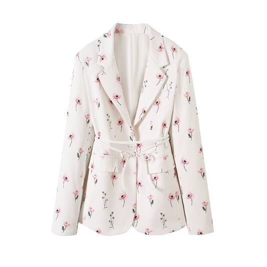 Women's new fashion with Belt loose print Button-up suit jacket