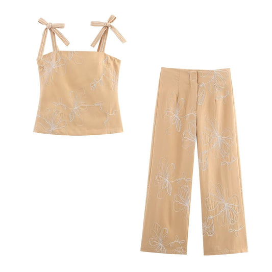 Women's new fashion floral embroidery bow suspender top+Pants suit