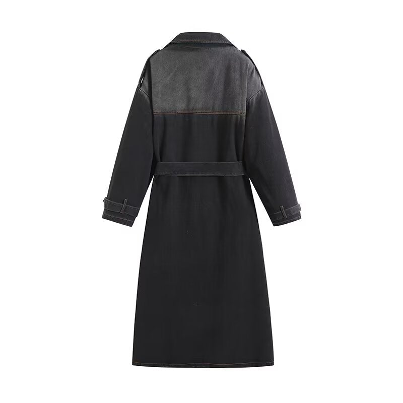 Women's new fashion with Belt long style double breasted denim Windbreaker coat