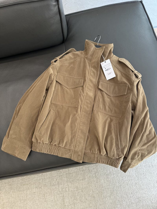 מעיל צווארון עומד מעור זמש מזדמן חדש לנשים