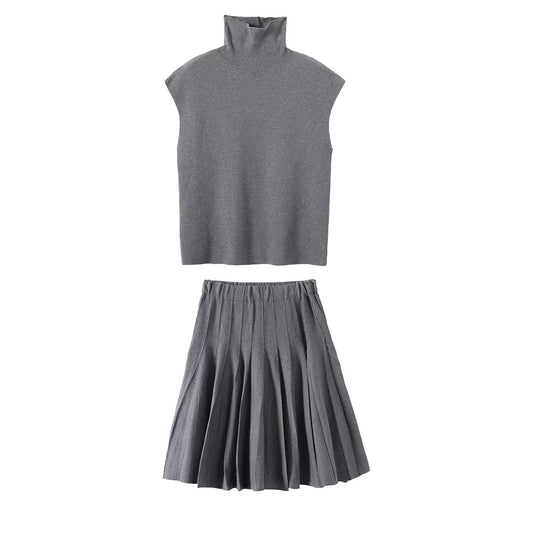 Women's new fashion high neck flying sleeve knitted vest+Skirts suit