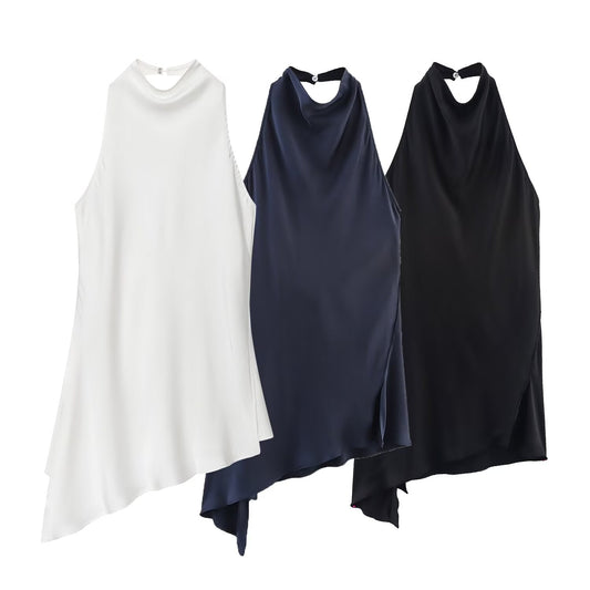 Women's new fashion sleeveless satin texture hanging neck top