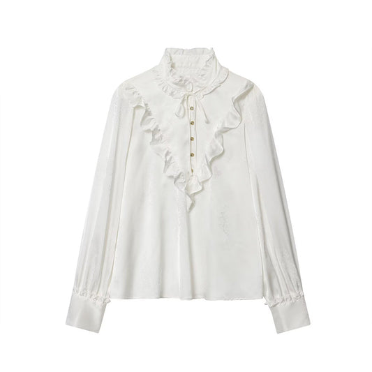 Women's new fashion long sleeved satin textured jacquard shirt