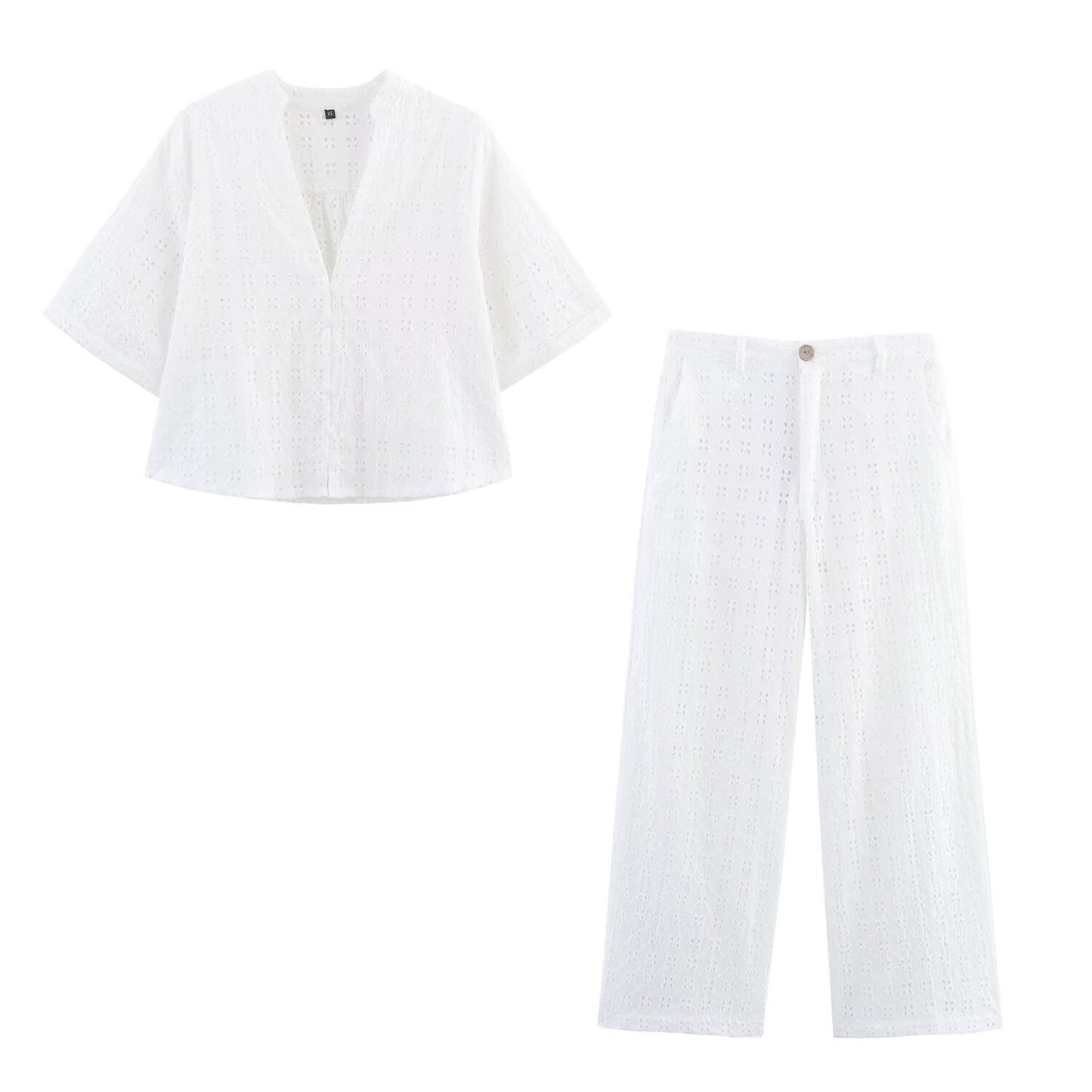 Women's new fashion short sleeved V-neck hollowed out embroidered shirt+Pants suit