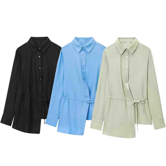 Women's new fashion With Belt asymmetric hem loose linen blend shirt