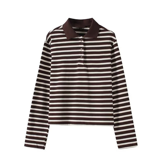 Women's new fashion long sleeved cotton striped knitted top