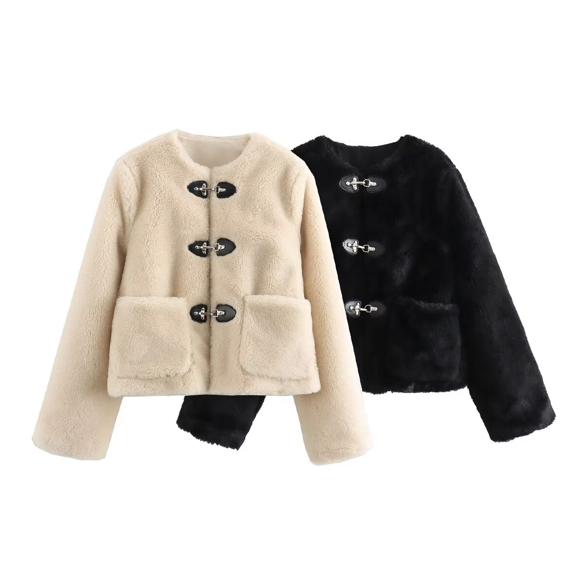 Women's new spring buckle round neck fleece Coat